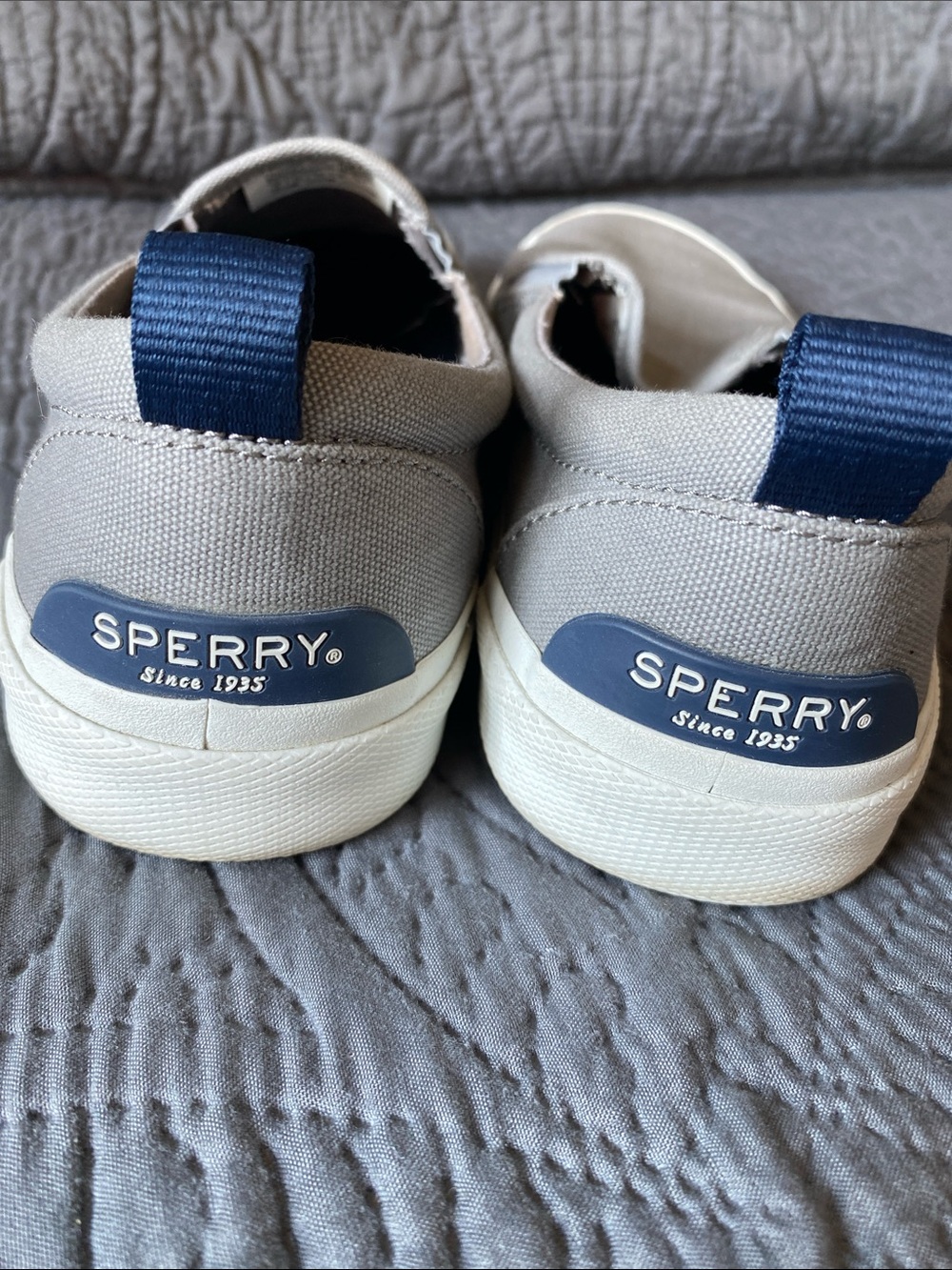 Sperry Slip-On Canvas Sneakers in Light Gray with Navy Insoles - Picture 2 of 5